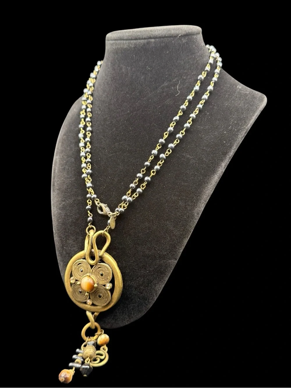 Chicos Gold and Black Pendant Necklace with Beaded Tassel - Picture 2 of 6